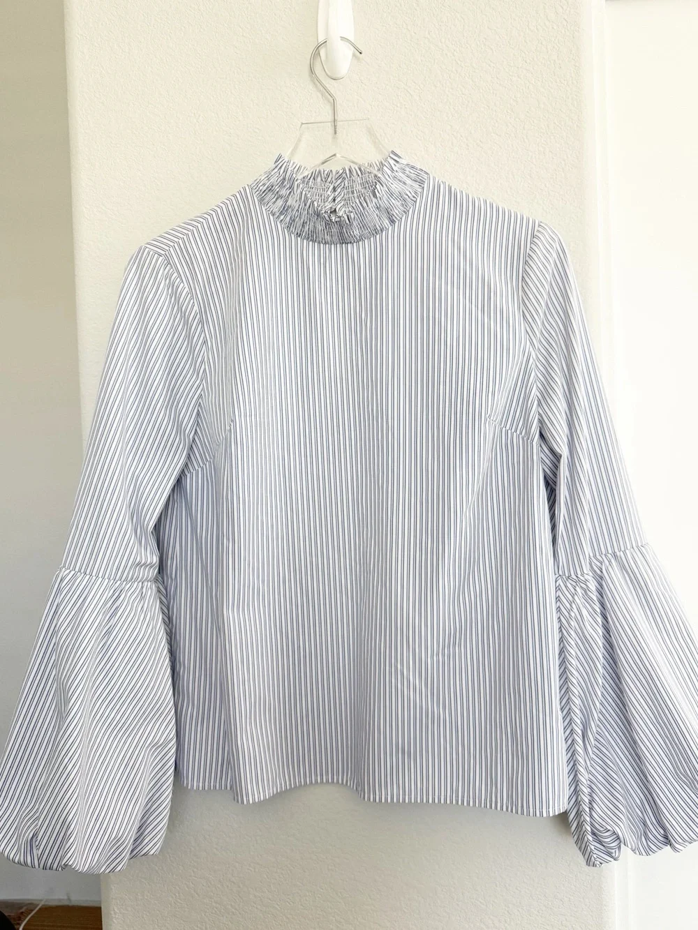 Anthropologie English Factory Striped Balloon Sleeve Blouse in Blue And White